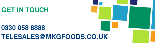 MKG Foods website header with contact information - 0330 058 8888 or telesales@mkgfoods.co.uk