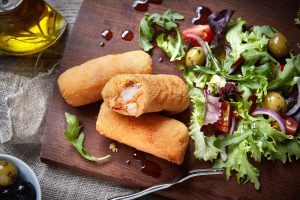 Cod, Prawn & Chorizo Croqueta - available from MKG Foods. Your foodservice partner in the Midlands.