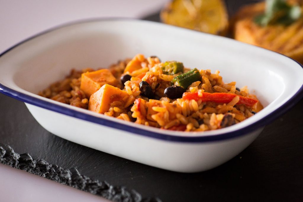 Black Bean Jambalaya. Available from MKG Foods - Your Foodservice Partner in the Midlands.