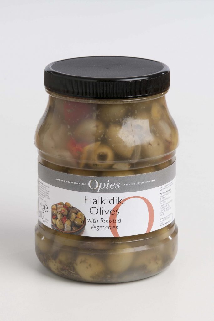 A6223 - Opies Halkidiki Olives with roasted vegetables. Available from MKG Foods - your foodservice partner in the Midlands.