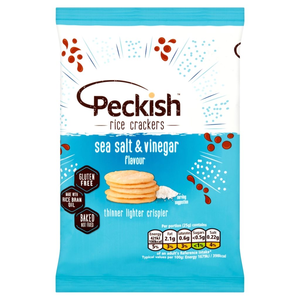 A2022 Peckish Salt and Vinegar rice crackers. Available from MKG Foods, your foodservice partner in the Midlands.