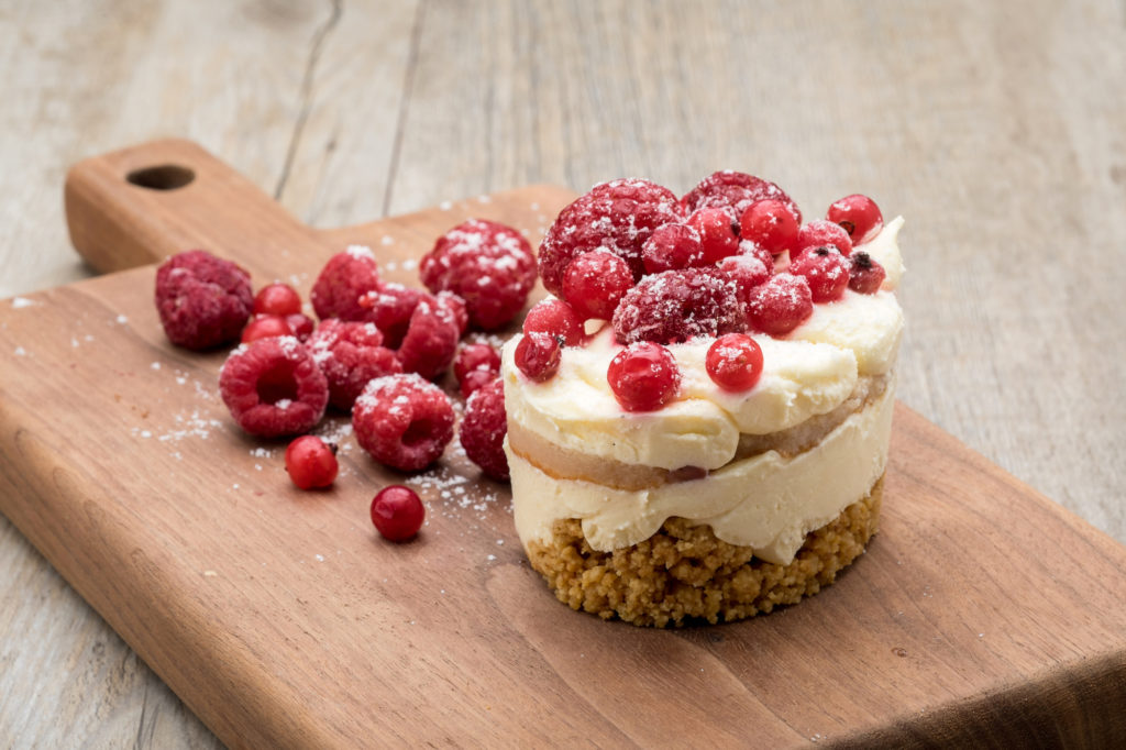Individual Red Berry & Gin Cheesecake. Available from MKG Foods, your foodservice partner in the Midlands.
