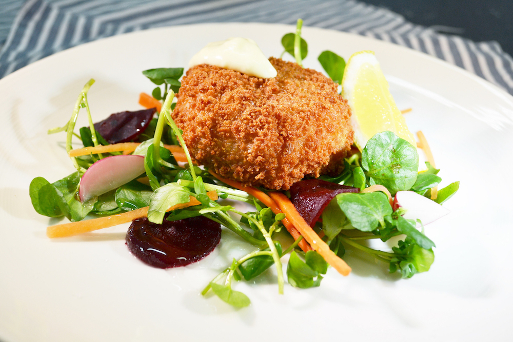 Salmon, Pea & Mint Fishcake. Available from MKG Foods, your foodservice partner in the Midlands.