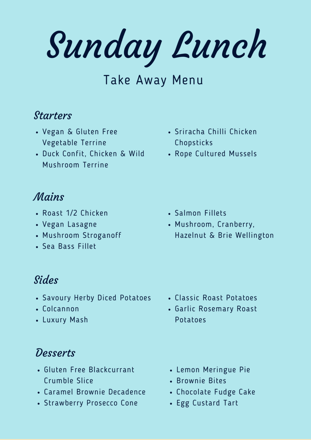 Sample Sunday Lunch Take Away Menu MKG Foods