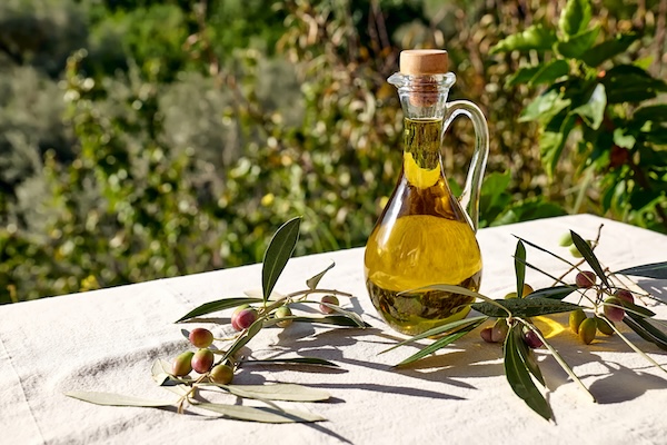 Extra virgin olive oil and olive branch in the bottle on the table with linen tablecloth in the olive grove.