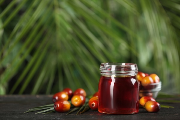 Palm oil in glass jar, tropical leaf and fruits on wooden table. Space for text Palm oil in glass jar, tropical leaf and fruits on wooden table.