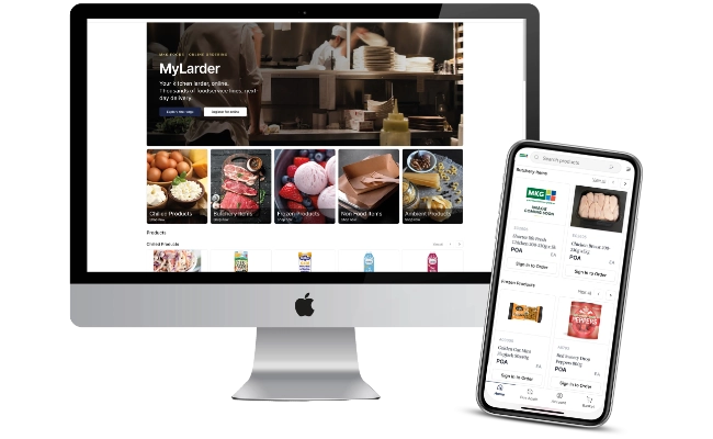 MKG's ordering platform MyLarder is shown on a computer and a phone.